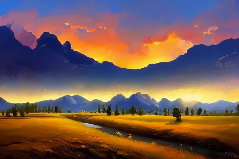 Prompt: a beautiful oil painting abstract nature landscape with clouds, mountains, in background, sunset, by rhads