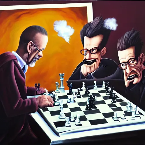 Hideo Kojima and Fred Dibnah sit down to play chess,, Stable Diffusion
