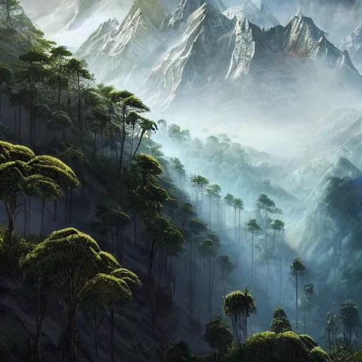 Prompt: a beautiful and highly detailed digital art of nepal in science fiction movie, detailed high buildings and rockets, forgotten valley, swirling mist, lush forests, intricate details, epic scale, insanely complex, 8 k, sharp focus, hyper realism, fantasy landscape, psychedelic, by caspar friedrich,