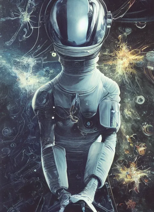 Image similar to astronaut in dark void underwater - complex and hyperdetailed technical suit design. reflection and dispersion materials. rays and dispersion of light. volumetric light. f / 3 2. noise film photo. flash photography. ultra realistic, 5 0 mm. poster by wayne barlowe, hajime sorayama aaron horkey, craig mullins