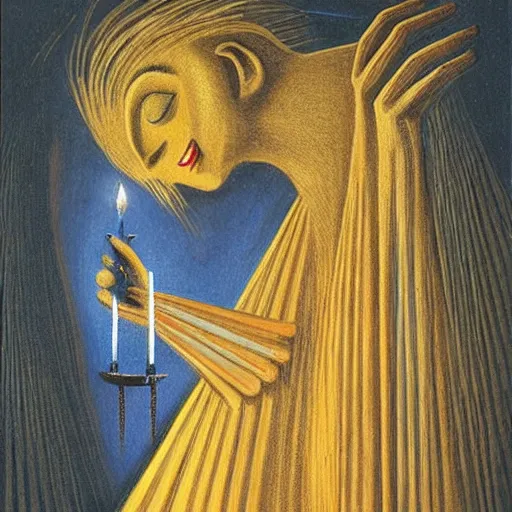 Prompt: highly detailed figure of a mad woman with candles on finger walking midair by remedios varo
