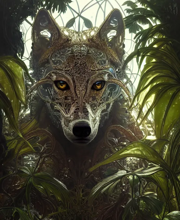 Image similar to exquisite, intricate ornate opulent transparent clear see - through portrait of a terrifying beautiful male alien wolf, mottled coloring, adorable, childlike, overgrown jungle environment, ultra realistic, concept art, art nouveau, photorealistic, octane render, 8 k, unreal engine. art by christopher marley and artgerm and greg rutkowski and alphonse mucha