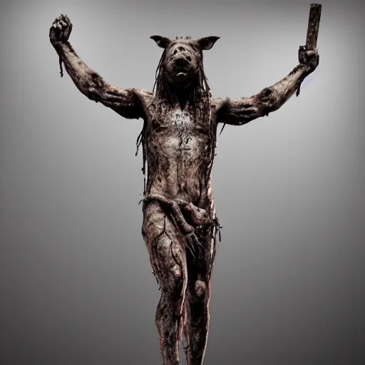 Image similar to a highly detailed realistic photographic render crucified bloody humanoid pig, bloody christ with the head of a pig, dead souls, religious sculpture, creepy, cinematic lighting, cinematic scene, Volumetric lighting, Atmospheric scene, Dark, Horror, Atmospheric lighting, Global illumination, realistic, photo realism, hyper realistic, hyper realism, photo realisitc, cinematic render, film, beautifully lit, ray traced, octane 3D render, octane render, unreal engine