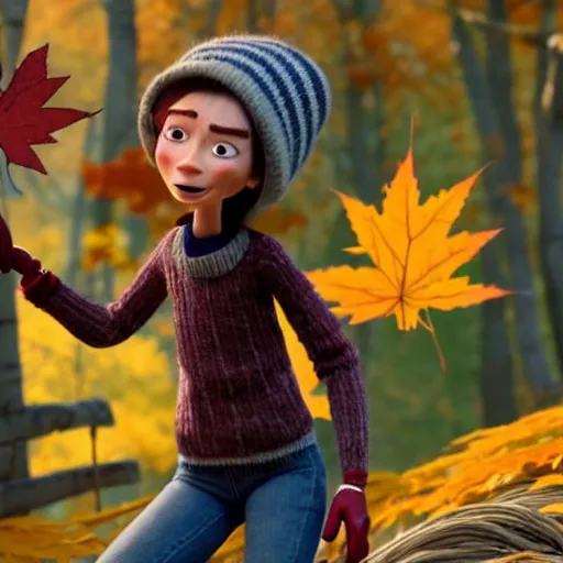 Image similar to a stopmotion animation character, a beautiful canadian woman, gardening, very attractive, messy dark grey hair, striped sweater, tight denim jeans, maroon doc marten boots, canadian maple leaves blowing about, mountains, autumn, unreal engine 5, 8 k, kubo and the two strings, disney, pixar,