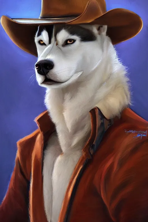 Prompt: a portrait painting of a husky in cowboy costume, wearing a cowboy hat, [ western film ], humanoid, personify, anthropomorphic, trending on artstation