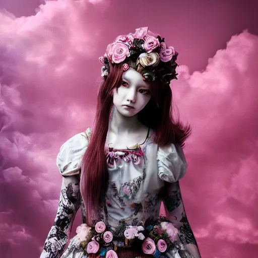 Image similar to 8 k, octane render, realism, tonalism, renaissance, rococo, baroque, cotton candy, portrait of a creepy young lady wearing long - harajuku manga - dress with flowers and skulls