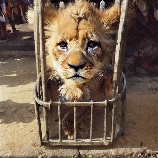 Image similar to adorable lion cub in a cage on a medieval fantasy market, oil painting, by greg rutkowski