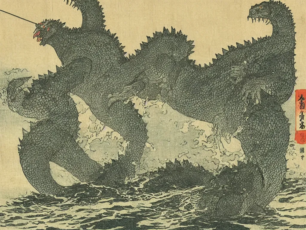 Image similar to edo period japanese woodcut of godzilla emerging from the ocean beside a peaceful fishing village