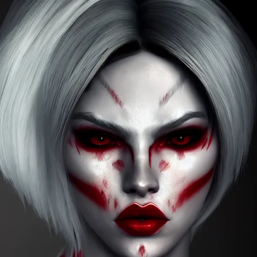 Image similar to a highly detailed portrait of a humanoid demon girl with white hair, red horns, in white clothes, artstation, deviantart, professional, unreal engine 5, photorealistic