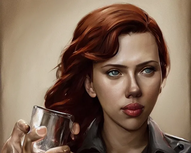 Image similar to portrait of scarlett johansson drinking water in team fortress 2 style, detailed face, dark fantasy art, fantasy, pretty, hd shot, digital portrait, beautiful, artstation, comic style, by artgerm, guy denning, jakub rozalski, magali villeneuve, neoartcore and charlie bowater