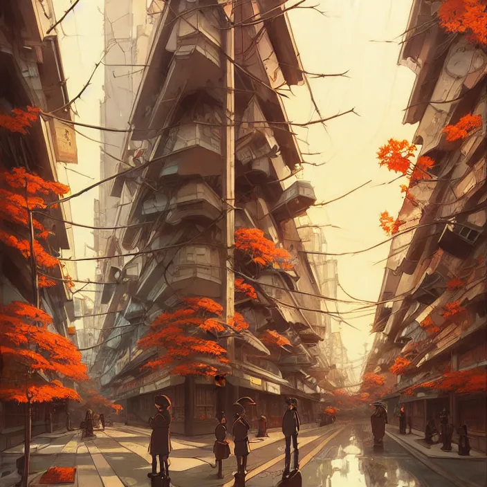 Image similar to empty tokyo, autumn, in the style of studio ghibli, j. c. leyendecker, greg rutkowski, artem