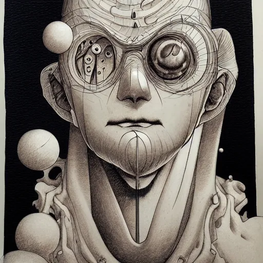 Prompt: prompt: Fragile looking vessel portrait face drawn by Katsuhiro Otomo, inspired by Dennis Ziemienski, magical and alchemical objects on the side, soft light, white background, intricate detail, intricate ink painting detail, sharp high detail, manga and anime 2000