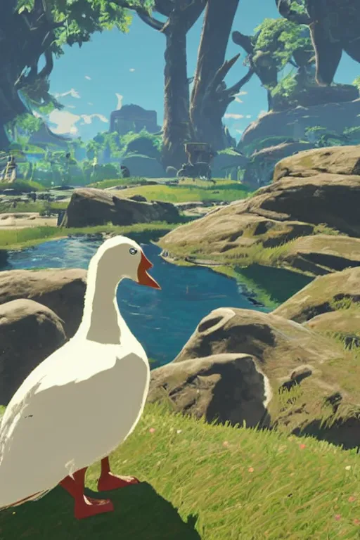 Prompt: in game footage of a white goose from the legend of zelda breath of the wild, breath of the wild art style.