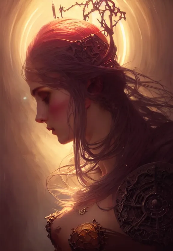 Image similar to Necromancer Sorceress in center, fantasy magic, undercut hairstyle, dark light night, intricate, elegant, sharp focus, illustration, highly detailed, digital painting, concept art, matte, art by WLOP and Artgerm and Greg Rutkowski and Alphonse Mucha, masterpiece