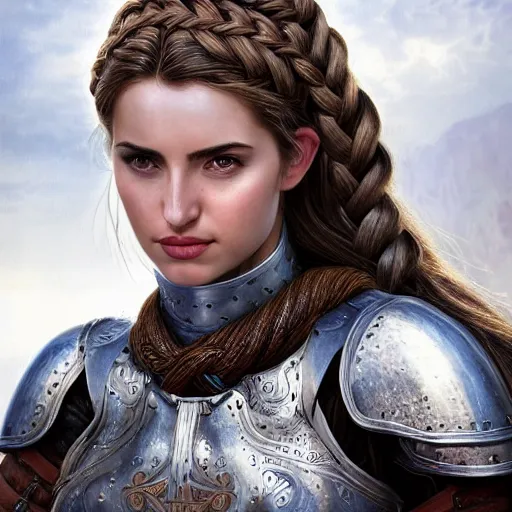 Prompt: head and shoulders portrait of a female knight, ana de armas, breastplate, celtic braid, by artgerm, face detail, extremely detailed, cinematic still