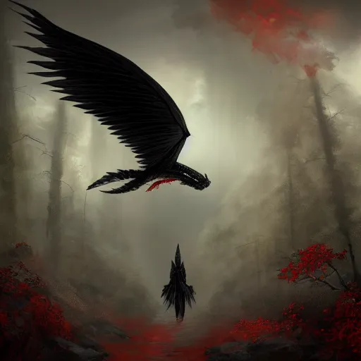 Image similar to cinematic shot of a black with red strips dragon flying over the forest with his wings white digital painting, artstation, concept art, soft light, hdri, smooth, sharp focus, illustration, fantasy, intricate, elegant, highly detailed, D&D, matte painting, in the style of Greg Rutkowski and Alphonse Mucha and artemisia, 8k, highly detailed, jurgens, rutkowski, bouguereau, pastoral, rustic, georgic