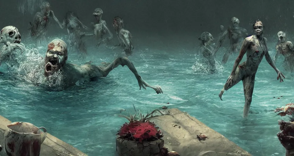 Image similar to highly detailed full body portrait of a zombie swimming underwater in a zombie - apocalypse, in a swimming pool, by greg rutkowski, octane render