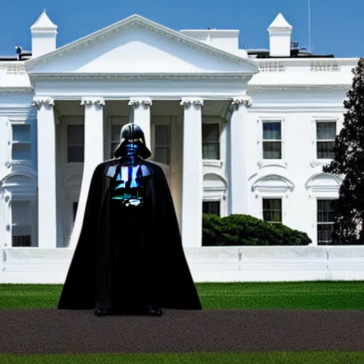 Prompt: darth vadar standing in front of the white house in the USA