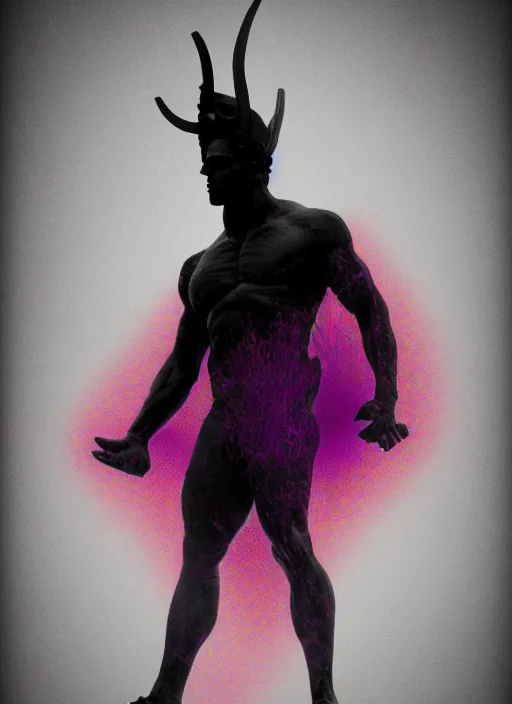 Image similar to dark design poster showing a heroic statue of zeus, black background with very subtle purple red design elements, powerful, nekro, vito acconci, thin straight lines, dark, glitch art, neo vaporwave, gritty, layout frame, square, trending on artstation