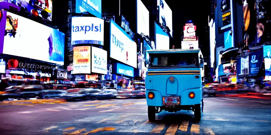 Image similar to a blue and white tuk tuk in Times Square at night, very hazy, cloudy, diffused lighting, moody, dark purple tones, shallow depth of field, 4k