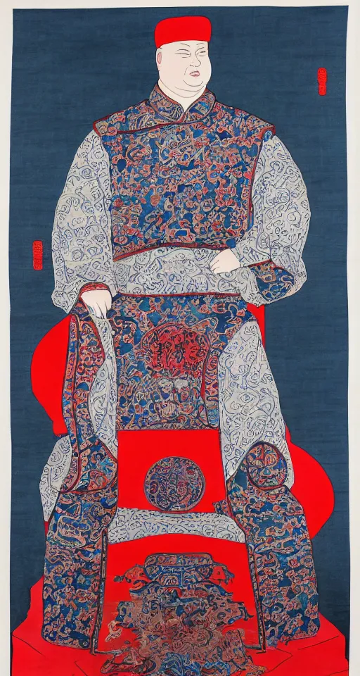 Image similar to Bobby Hill sits on his throne as emperor of Hill Dynasty China, ink and color on silk, imperial portrait