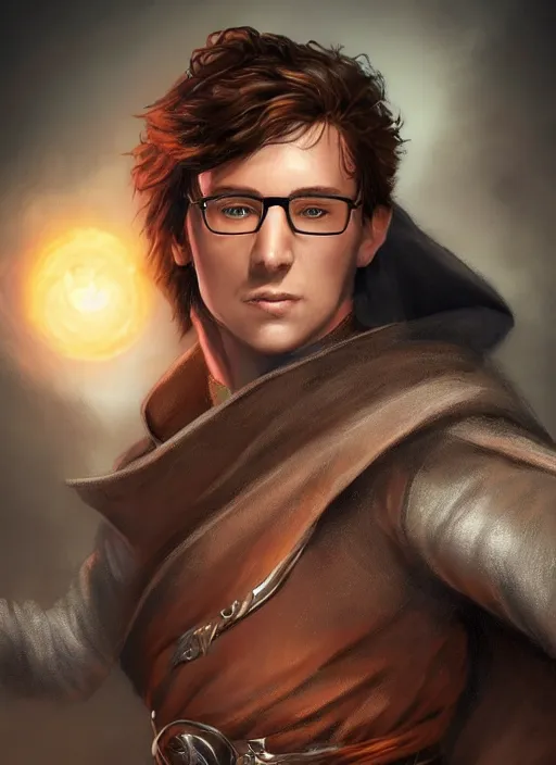 short spiky brown hair and glasses male wizard wearing Stable