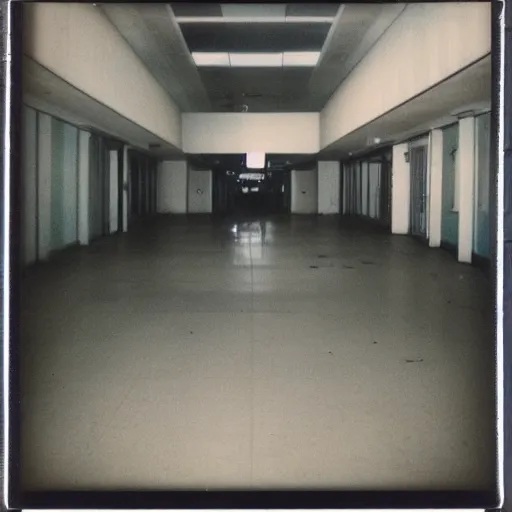 Prompt: polaroid photo of an abandoned mall at night, flash photography