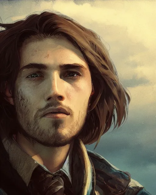 Image similar to portrait, cute young man, long hair, post - apocalyptic, waistcoat, black greatcoat, blue scarf, very detailed, dusk, character illustration, cloudy sky, soft lighting, octane render, greg rutkowski, alphonse mucha, sung choi, 8 k