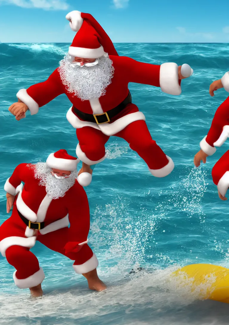 Image similar to 3d rendering of Santa Claus wearing swim suit, surfing on the beach, photo realistic image, super detailed, 4K,cinematic look