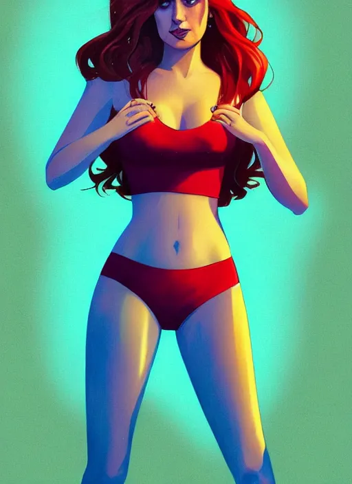 Image similar to full body portrait of teenage cheryl blossom, bangs, green eyes, mischievous expression, red hair, sultry smirk, bangs and wavy hair, intricate, elegant, glowing lights, highly detailed, digital painting, artstation, concept art, smooth, sharp focus, illustration, art by wlop, mars ravelo and greg rutkowski