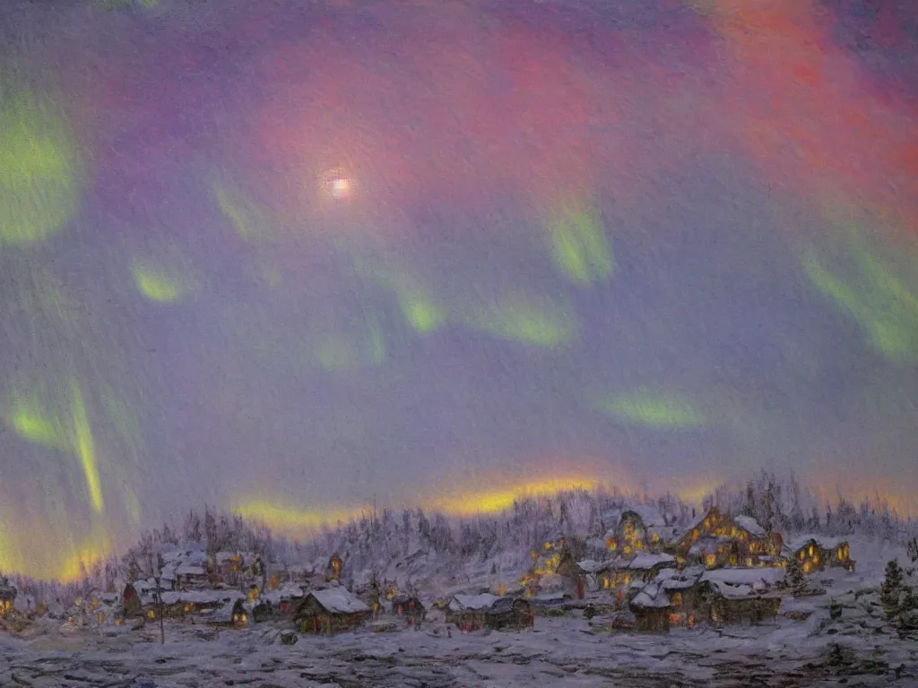 Image similar to beautiful northern lights over an arctic village, matte painting, trending on artstation, oil on canvas, digital art, in the style of claude monet