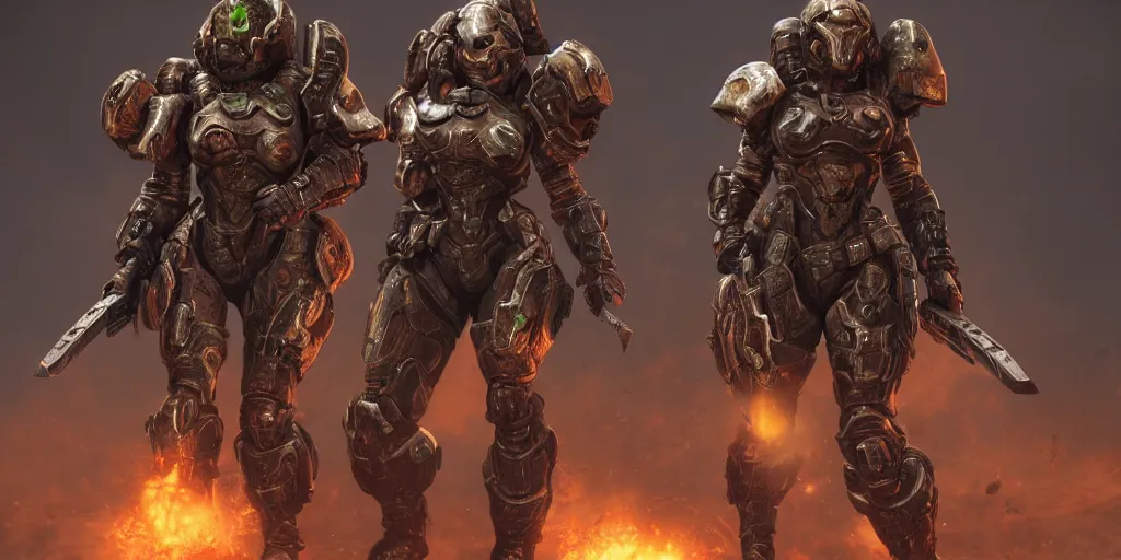 Image similar to female doom slayer extreme details epic dramatic realistic unreal engine render