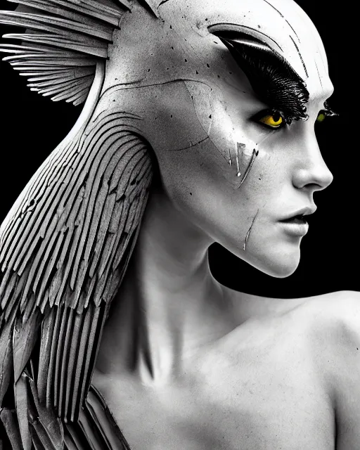 Image similar to a profile portrait, a stunning young woman - cyborg with a mutant crow head, editorial photography, bw, by roman sustov, by hr giger, shot on 7 0 mm, depth of field, f / 2. 8, high contrast, 1 6 k, volumetric lighting, shiny, insanely detailed and intricate, hypermaximalist, elegant, ornate