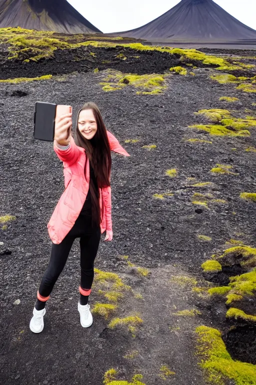 Image similar to girl taking selfie, blurred background, in front of icelandic volcano