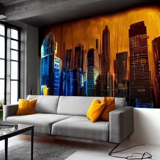 Image similar to mural on the wall of a modern loft, beautiful architecture, popular interior design style, cinematic lighting