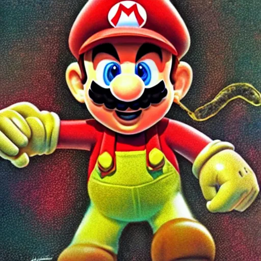 Prompt: hyper detailed illustration of Super Mario, by Kev Walker, simon bisley and paolo parente