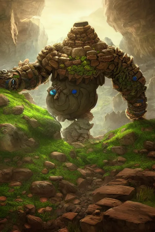 Image similar to zelda fantasy art giant golem troll wood rock greeble gemstone, global illumination ray tracing hdr fanart arstation by sung choi and eric pfeiffer and gabriel garza and casper konefal