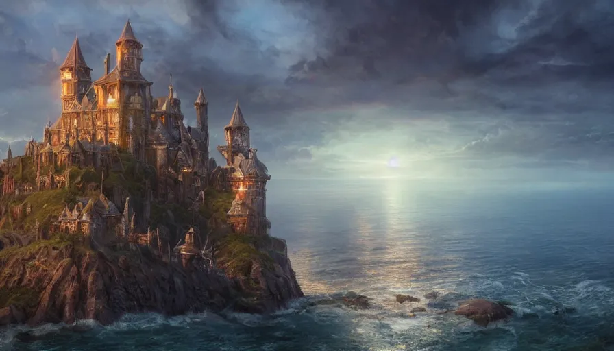 Image similar to a beautiful photo realistic still image looking across a crystal clear sea at stormwind castle from the warcraft movie, by greg rutkowski, trending on artstation, masterpiece,