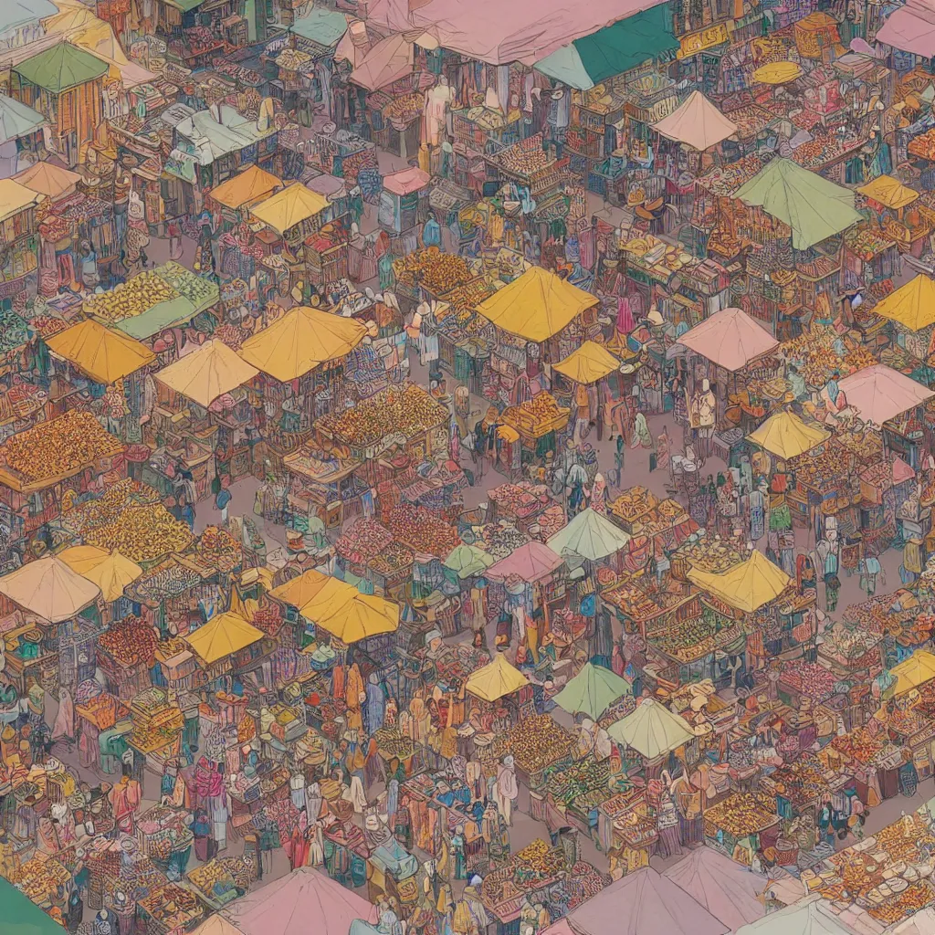 Prompt: isometric view illustration of a Souk in Marrakesh, highly detailed mid day by Victo Ngai