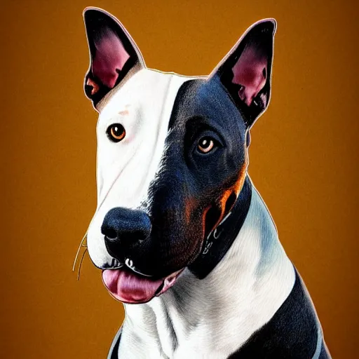 Image similar to Bull Terrier, Dog, Portrait, Male, very detailed, artstation, digital art, complex, award winning, masterpiece, realism