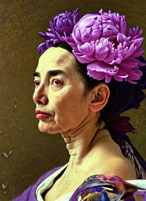 Prompt: many peonies, flower buds, birds on hight detailed background, portrait of a old woman, tuareg, nomads, vultures, dark background, purple colour scheme, full length, masterpiece, dark background, art by giger, guyver, caravaggio, alphonse mucha, cinestill, moviestill, bokeh, artstation