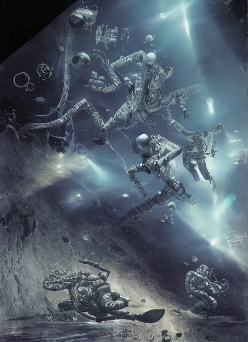 Image similar to astronauts in dark and empty void underwater - complex and hyperdetailed technical suit. reflection and dispersion materials. rays and dispersion of light. volumetric light. 5 0 mm, f / 3 2. noise film photo. flash photography. ultra realistic, wide angle. poster by wayne barlowe, hajime sorayama aaron horkey, craig mullins