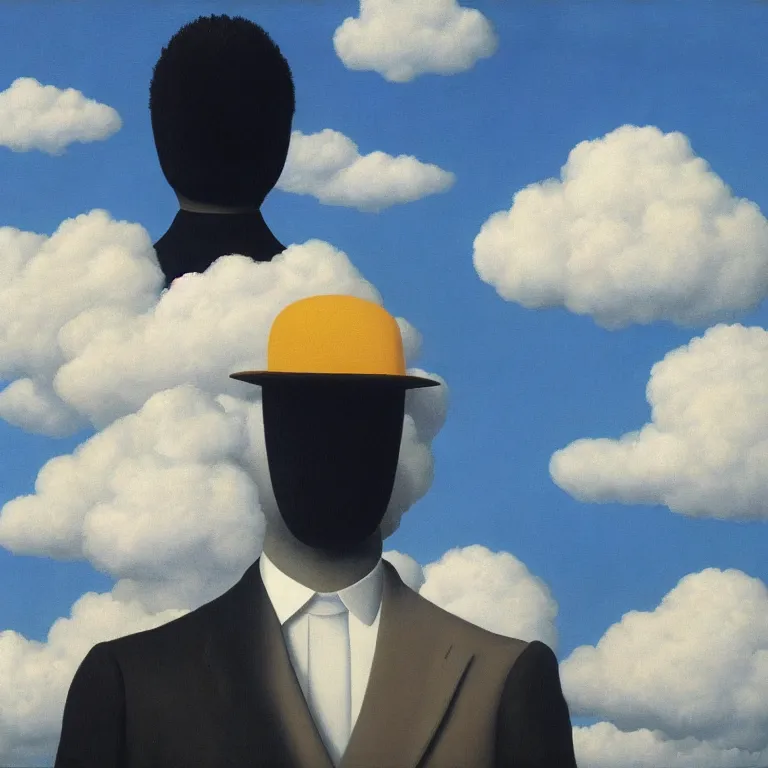 Image similar to cloud - man, by rene magritte, centered, detailed painting, hd, hq, high resolution, high detail, 4 k, 8 k