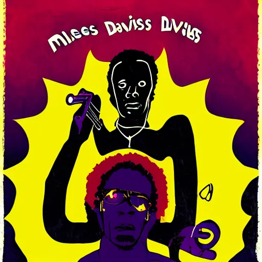 Image similar to miles davis in the style of daniel johnston and ghanian film poster, 4k