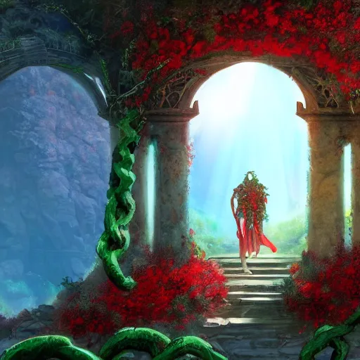 Prompt: Broken arches leading to the pillars of eternity draped with red flowers and vines, blue sky, lens flare, a sense of mystery, cinematic, ultra detailed, tarot card, artstation, 8K,-W 768