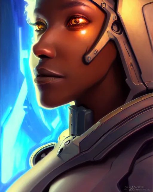 Prompt: sojourn from overwatch, bust, dreadlocks, gray hair, cyborg eyes, fantasy, fantasy art, fantasy, colorful, elegant, character portrait, portrait, close up, highly detailed, intricate detail, amazing detail, sharp focus, vintage fantasy art, vintage sci - fi art, radiant light, caustics, by boris vallejo
