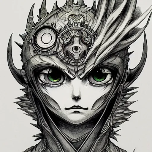 Image similar to prompt: Fragile looking vessel portrait face drawn by Katsuhiro Otomo, inspired by World of Warcraft, magical and alchemical objects on the side, soft light, white background, intricate detail, intricate ink painting detail, sharp high detail, manga and anime 2000