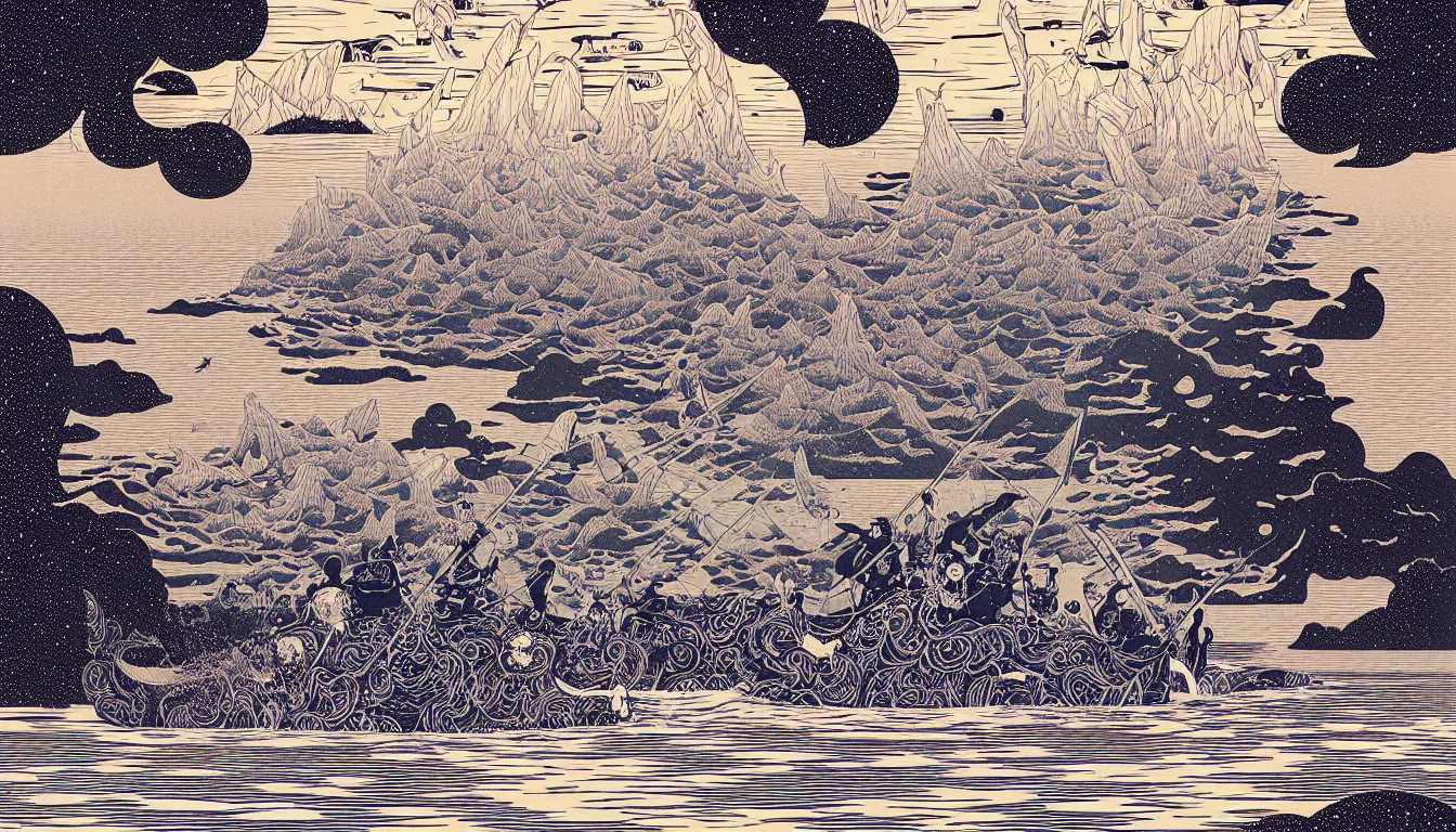 Image similar to raft in the lake by woodblock print, nicolas delort, moebius, victo ngai, josan gonzalez, kilian eng