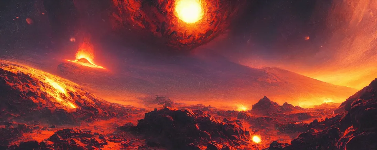 Image similar to ” outer planet with erupting volcanoes, [ art by paul lehr, cinematic, detailed, epic, widescreen, opening, establishing, mattepainting, photorealistic, realistic textures, octane render ] ”