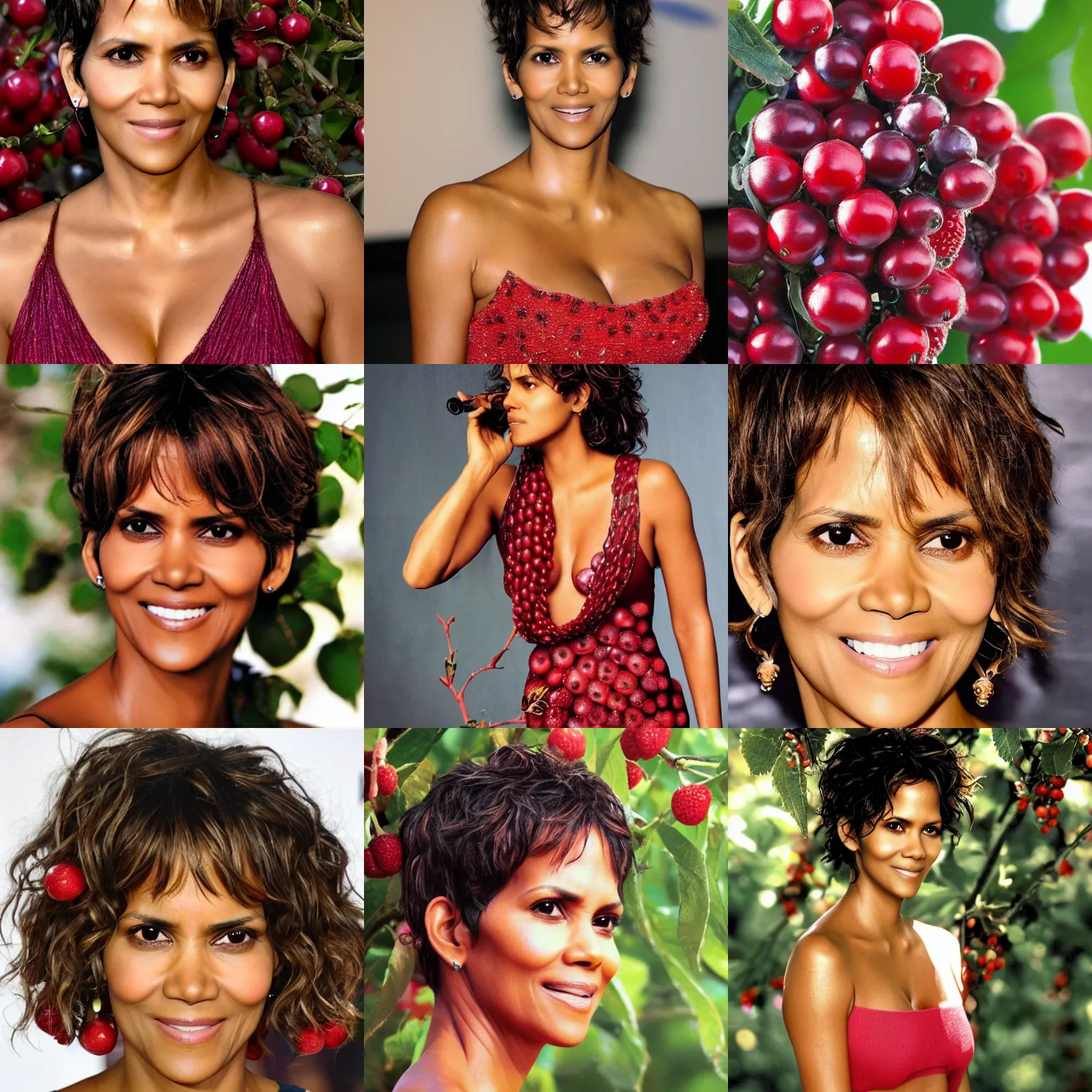 Prompt: ultra detailed photo multiple halle berry as berries on a tree